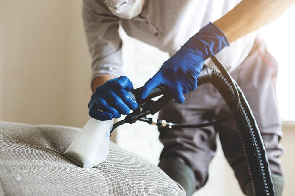 专业的清洁工具被用来清除沙发上的污垢